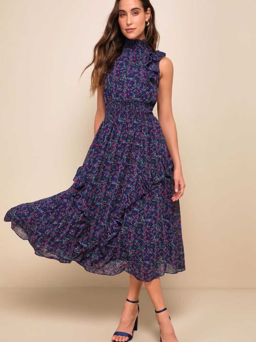 Lulus Evalina Navy Blue Floral Print Mock Neck Ruffle Midi Dress Size XS